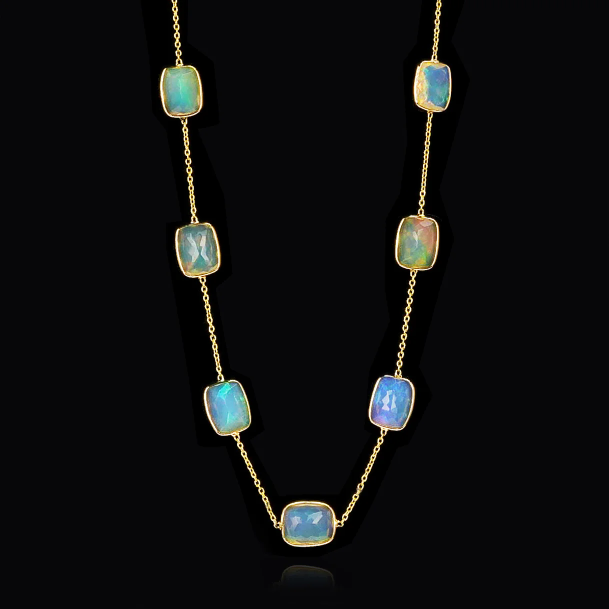 Rectangular Opal Rose-Cut Necklace, 18k Yellow Gold