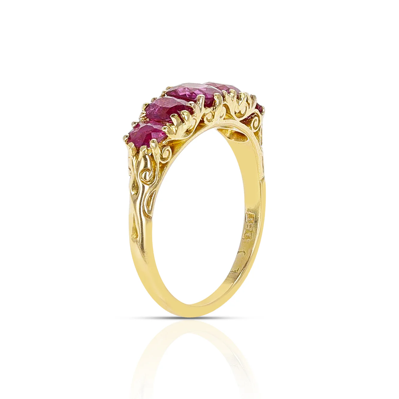 Five Stone Ruby Oval and Round Victorian Ring, 18K Yellow