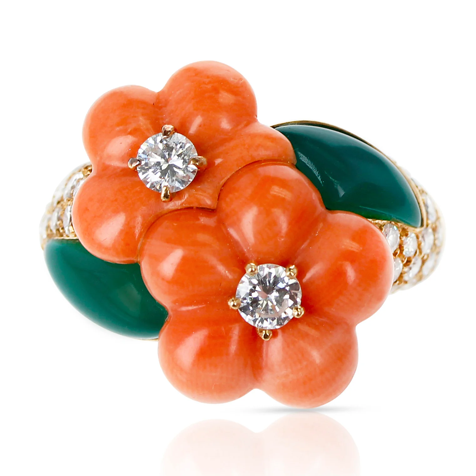 Van Cleef & Arpels Double Flower Coral, Chrysoprase, 0.96 ct. Diamond Ring, 18k