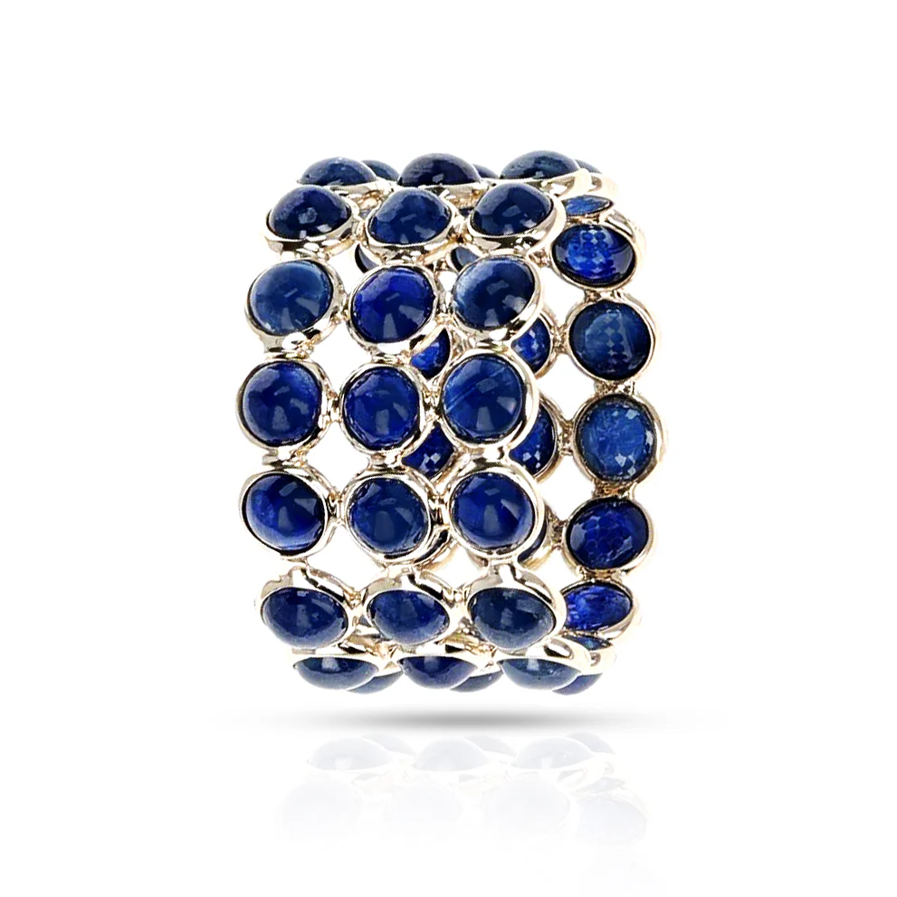 Round Blue Sapphire Triple Layer Band, 18K Yellow Gold