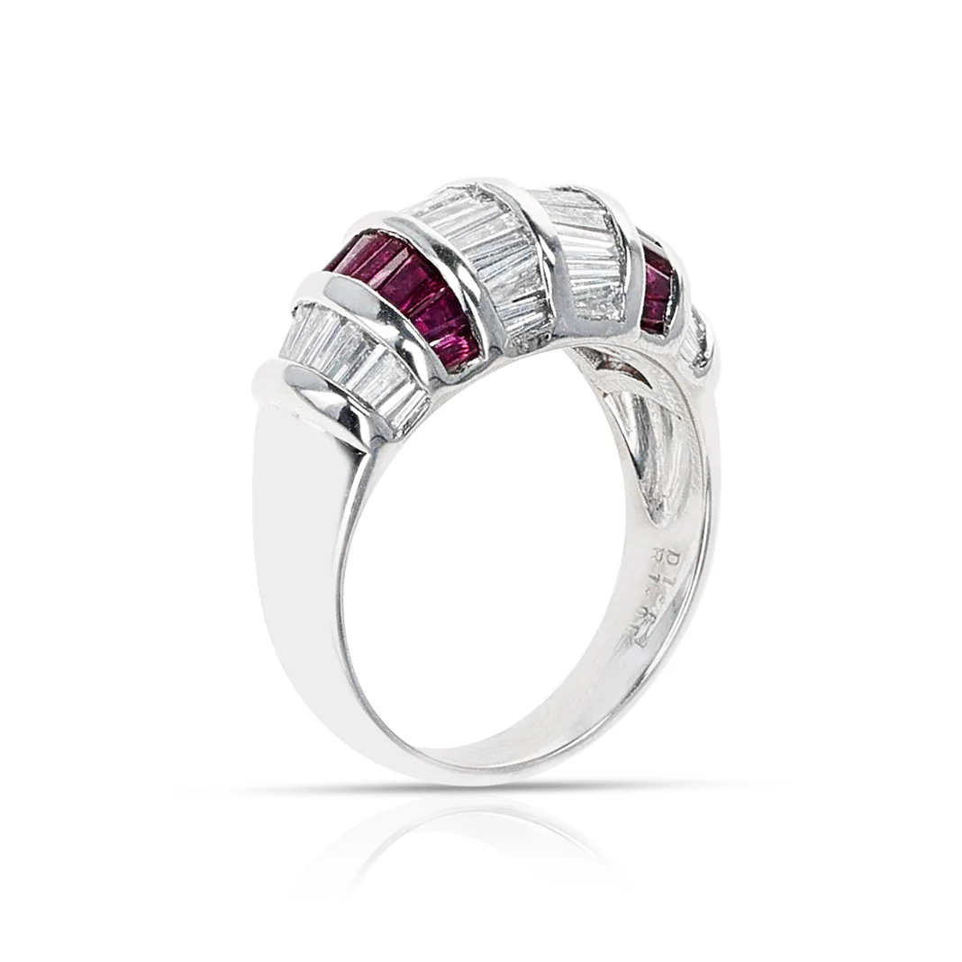 1.61 cts. Diamond Baguettes and 1.08 cts. Rectangular Ruby Ring, Platinum