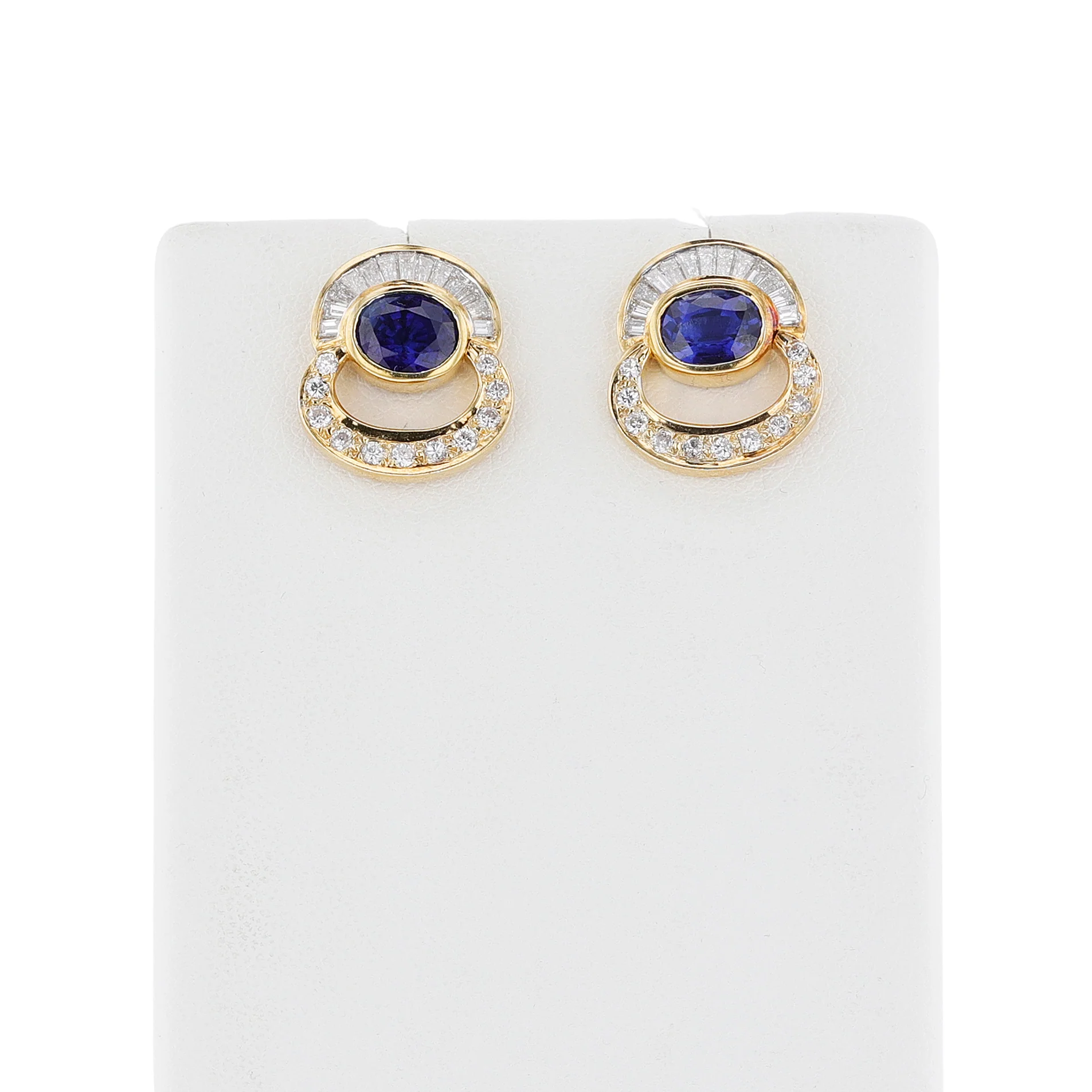 Oval Sapphire with Round and Baguette Diamond Earrings, 18k