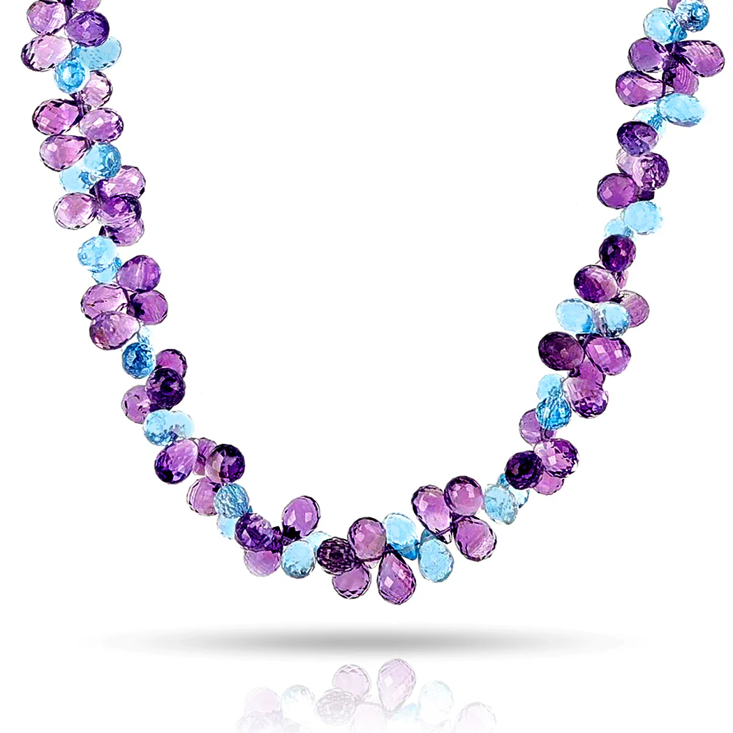 Amethyst and Blue Topaz Briolette Beads Necklace, 14k