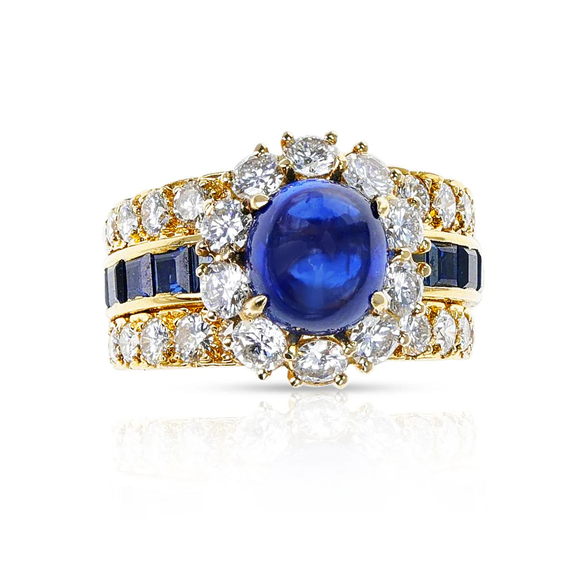 Van Cleef & Arpels Sapphire Cabochon Ring with Diamonds and Square Cut Sapphires
