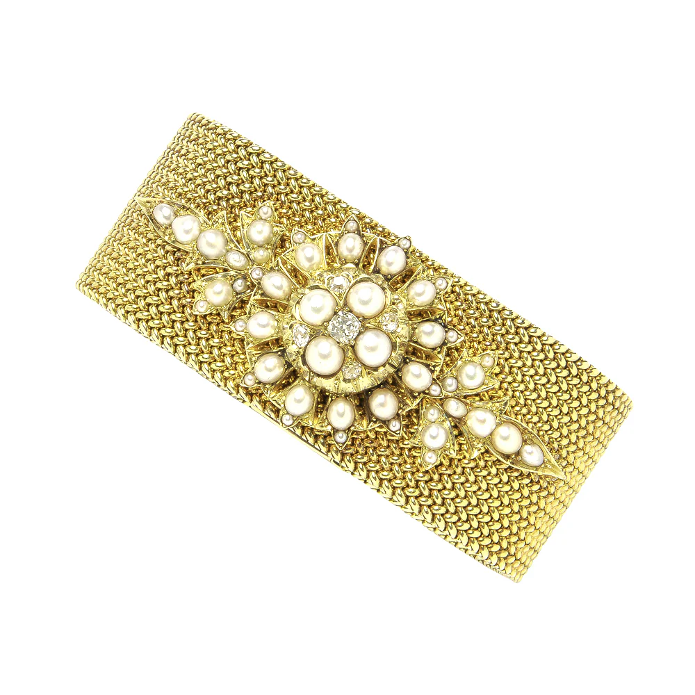 Antique Gold Bracelet with Pearl and Diamonds