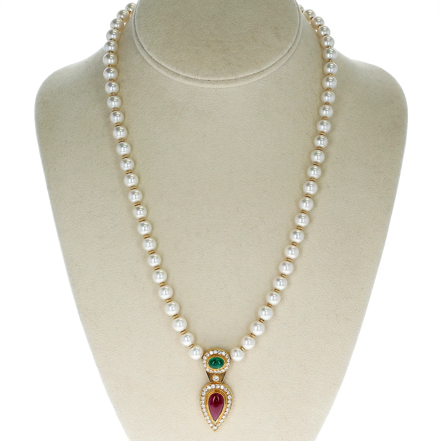 Cultured Pearl Beads Necklace with an Emerald and Ruby Cabochon, and Diamonds