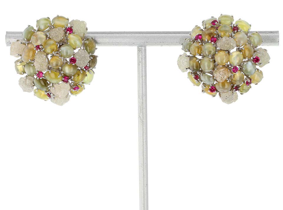 Cat’s Eye Chrysoberyl Earrings with Rough Diamonds and Rubies, 18 Karat Gold