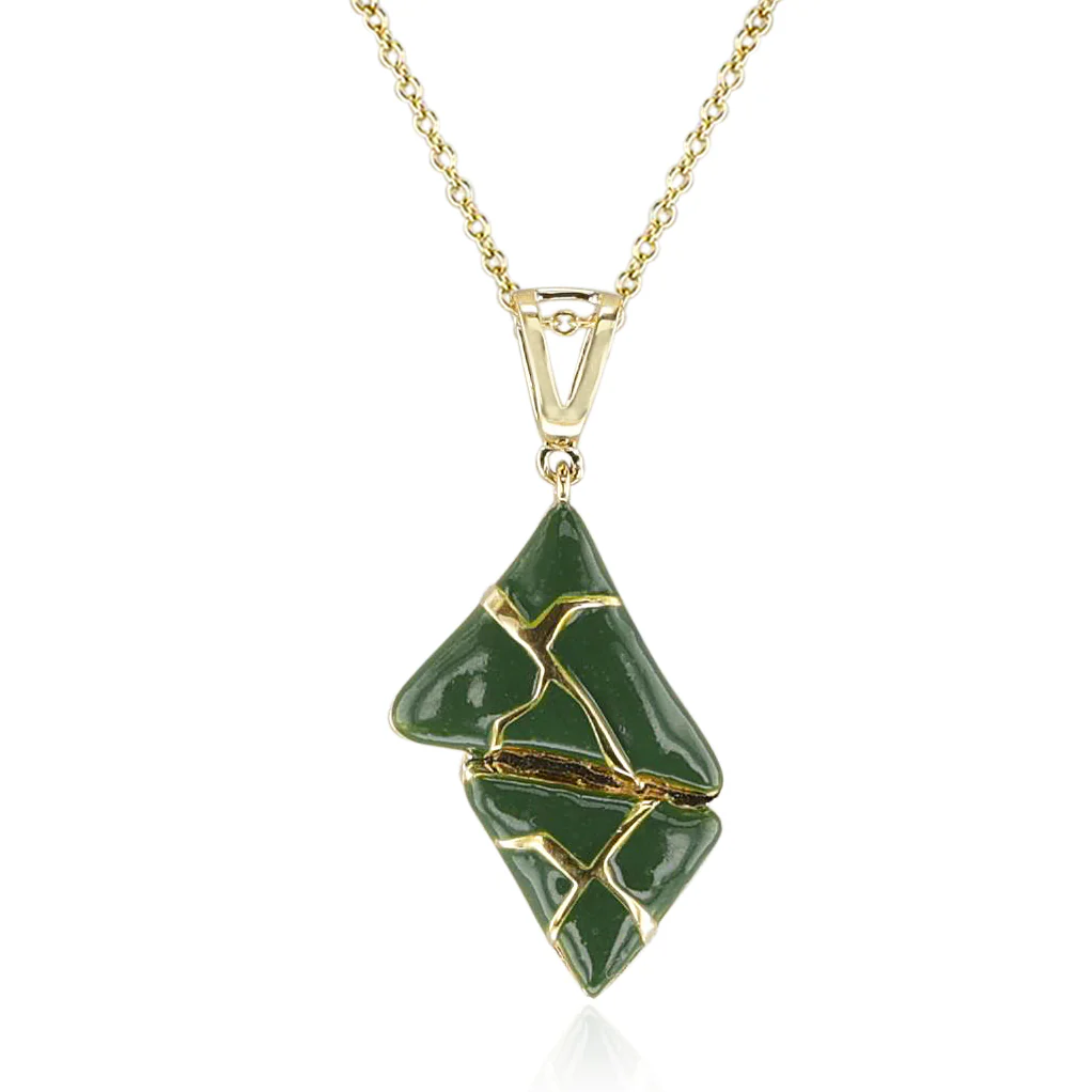 Two Triangle Green Enamel and Gold Lining Kintsugi Pendant Necklace, 14K