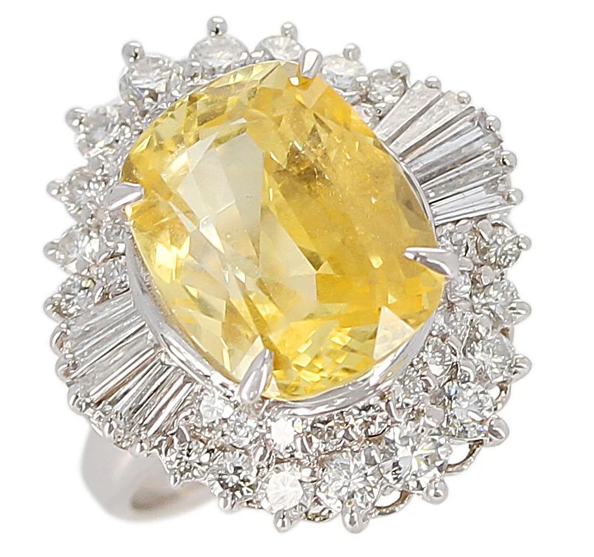 GIA Certified 8.18 ct. No Heat Ceylon Yellow Sapphire Cocktail Ring with Diamonds, Platinum
