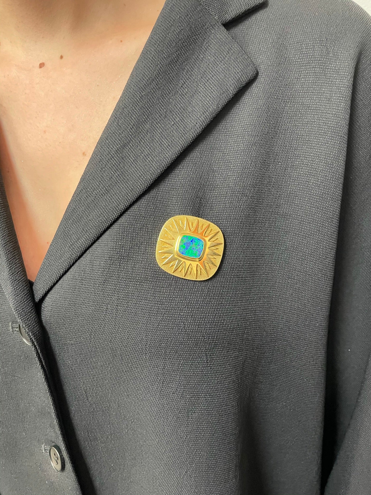 Square Opal Star Brooch Pin, 18 Karat Yellow Gold