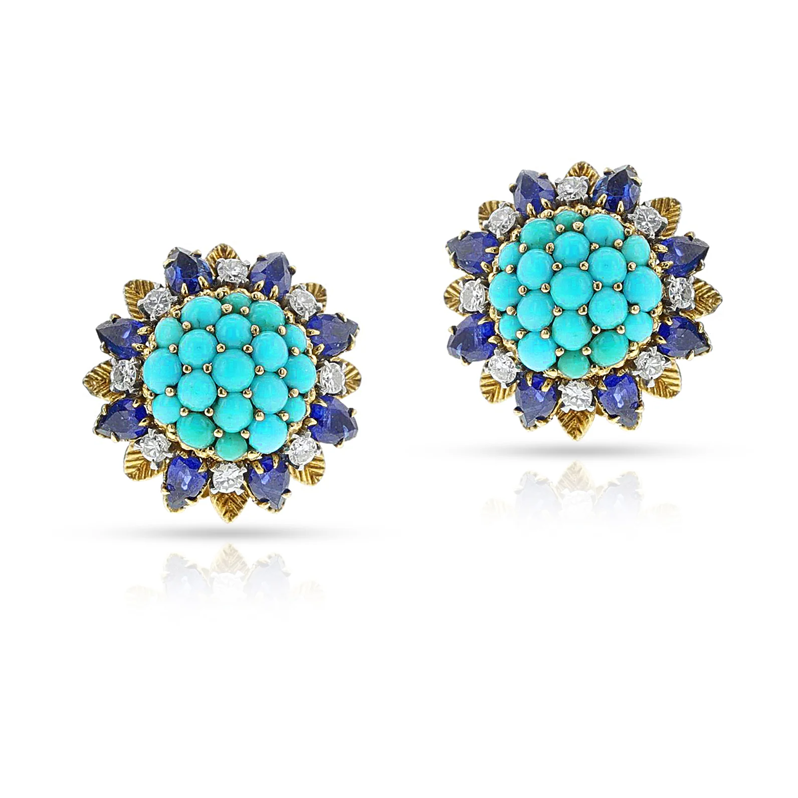Turquoise Cabochon and Sapphire and Diamond Cluster Earrings, 18k