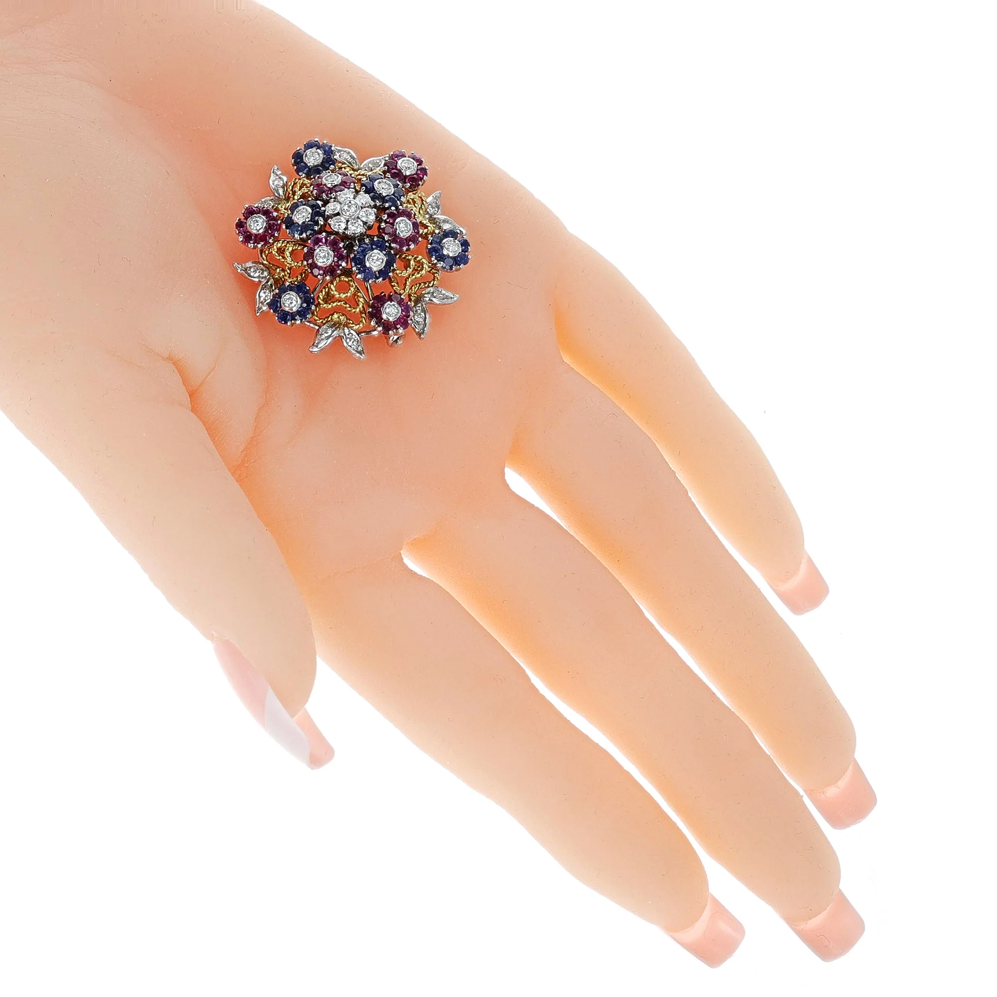 Floral Ruby, Sapphire and Diamond Brooch in 18K Yellow and White Gold