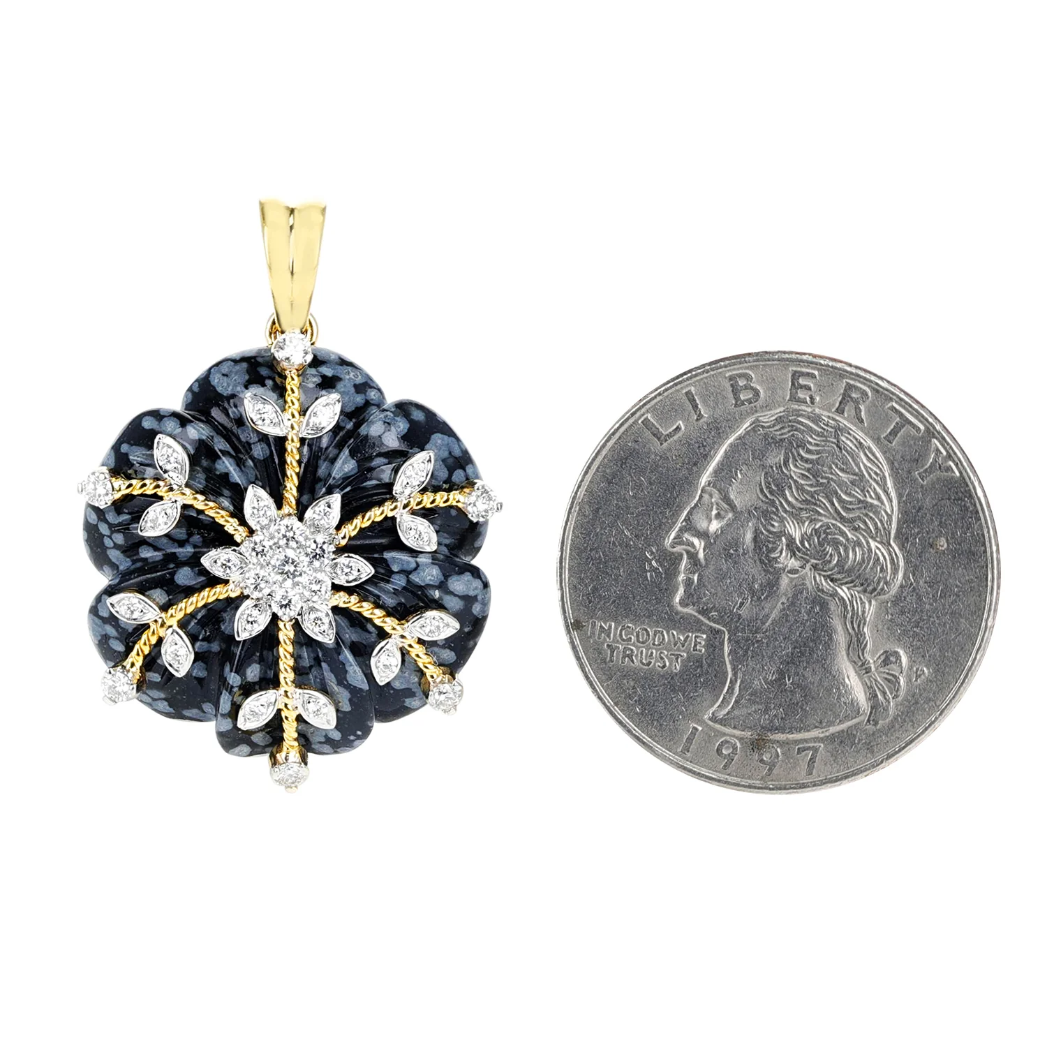 Snowflake Obsidian Carved Floral Pendant with 14k Gold and Diamonds