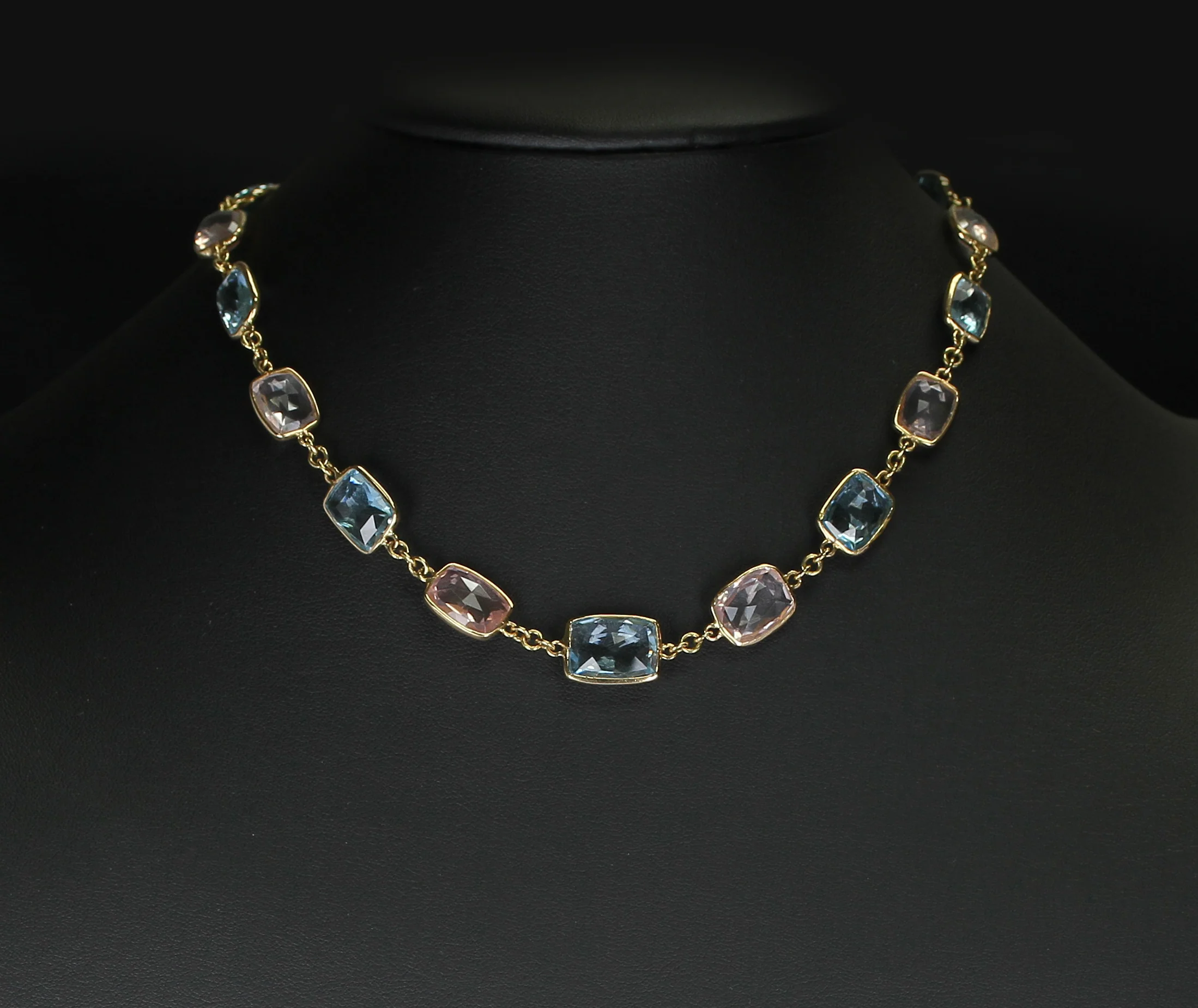 Rectangular Blue Topaz and Rose Quartz Faceted Necklace 18K Fine Necklace