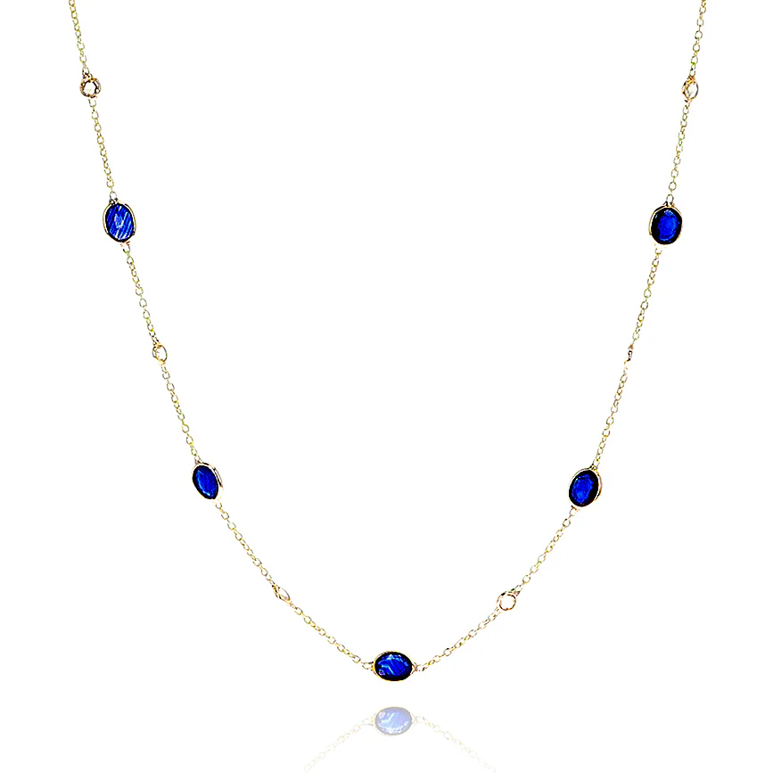 Dark Blue Sapphire Faceted Necklace with White Diamond Rose Cuts, 18K Yellow Gold