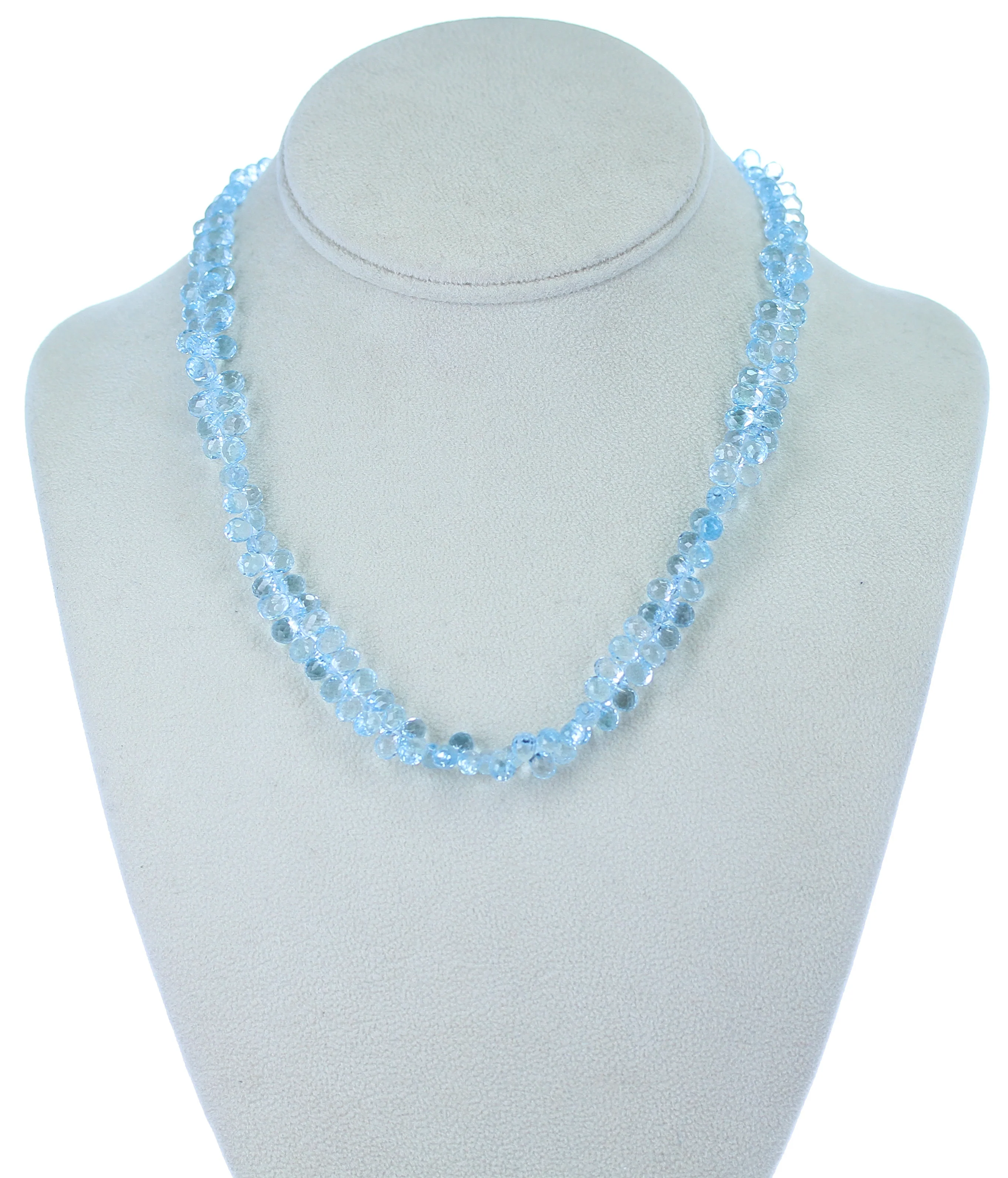 Genuine Faceted Blue Topaz Briolette Drop Beads Necklace, 14 Karat White