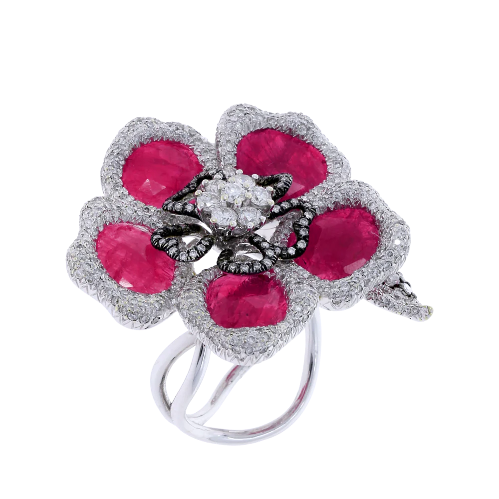 Ruby Petals and Diamond Floral Ring