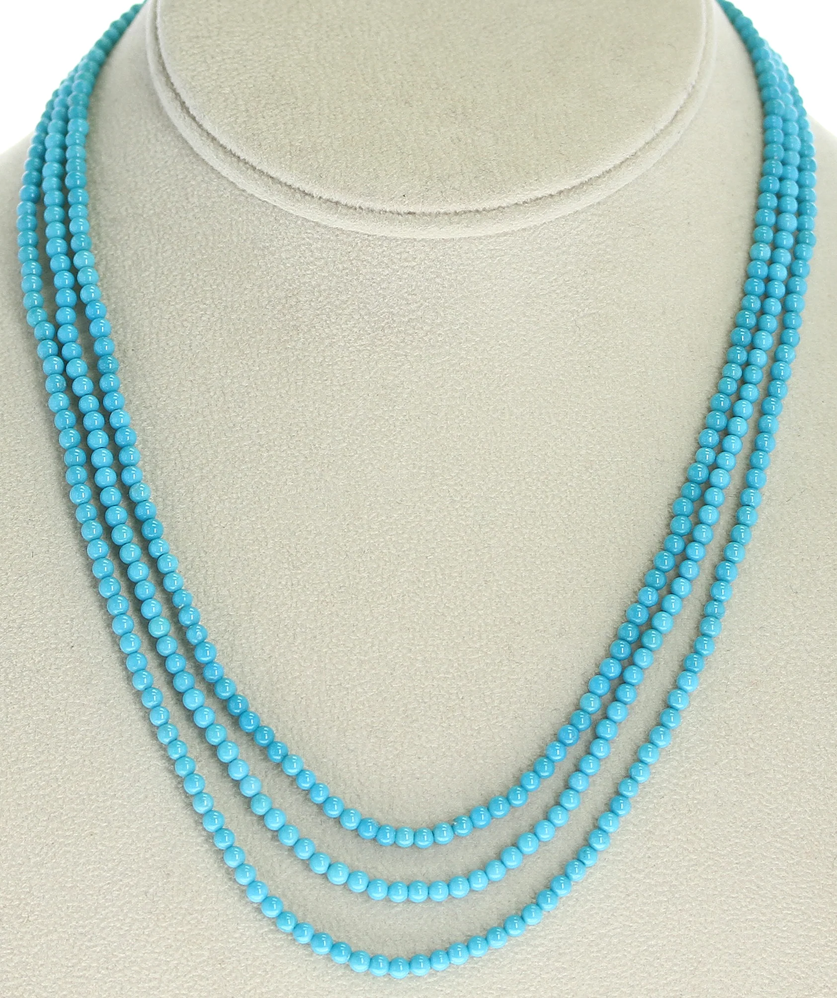 Genuine 3MM Turquoise Beads Three Strand Necklace, 14K Yellow Gold