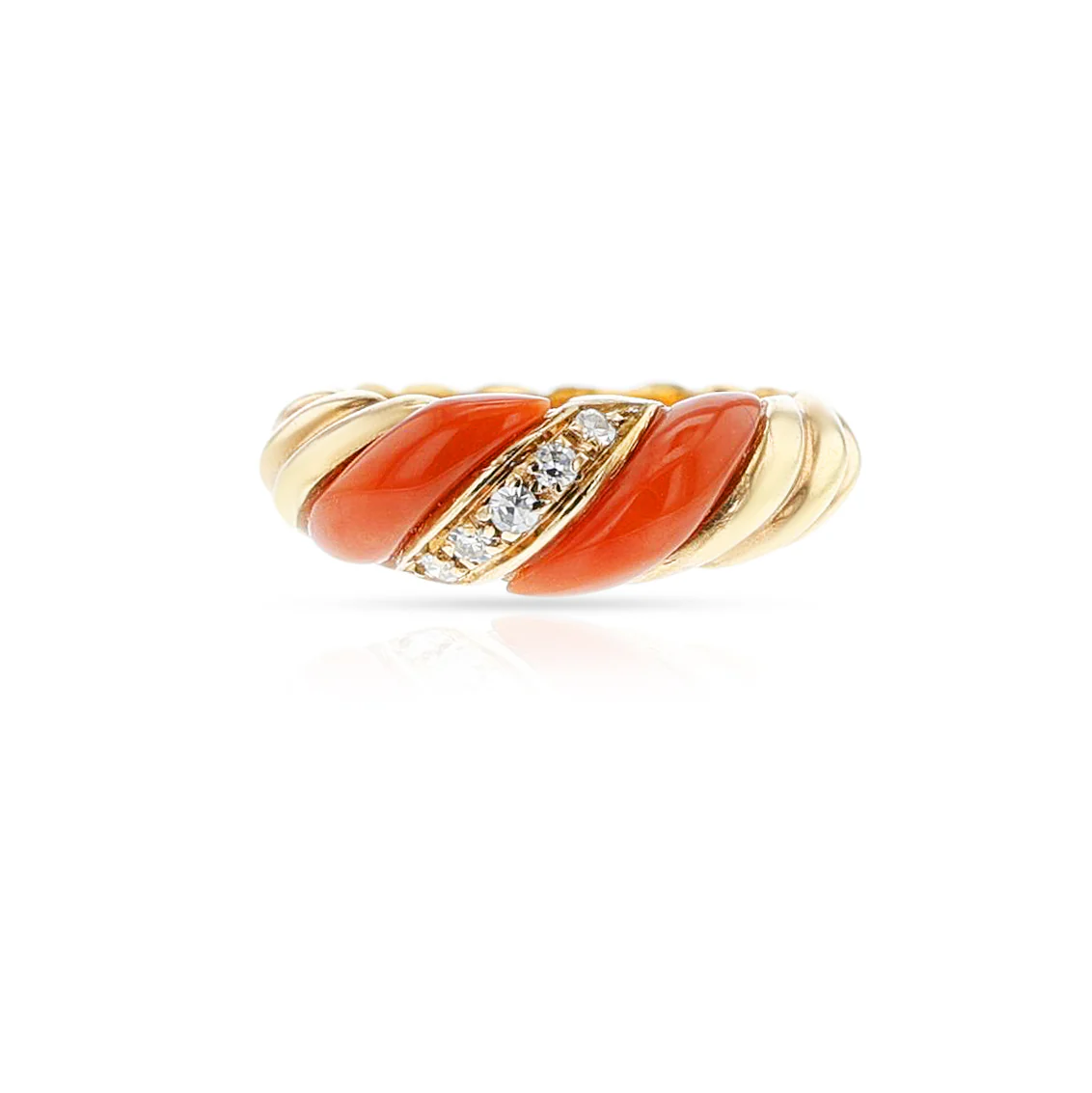 Coral, Diamond and Gold Twisted Ring, 18k