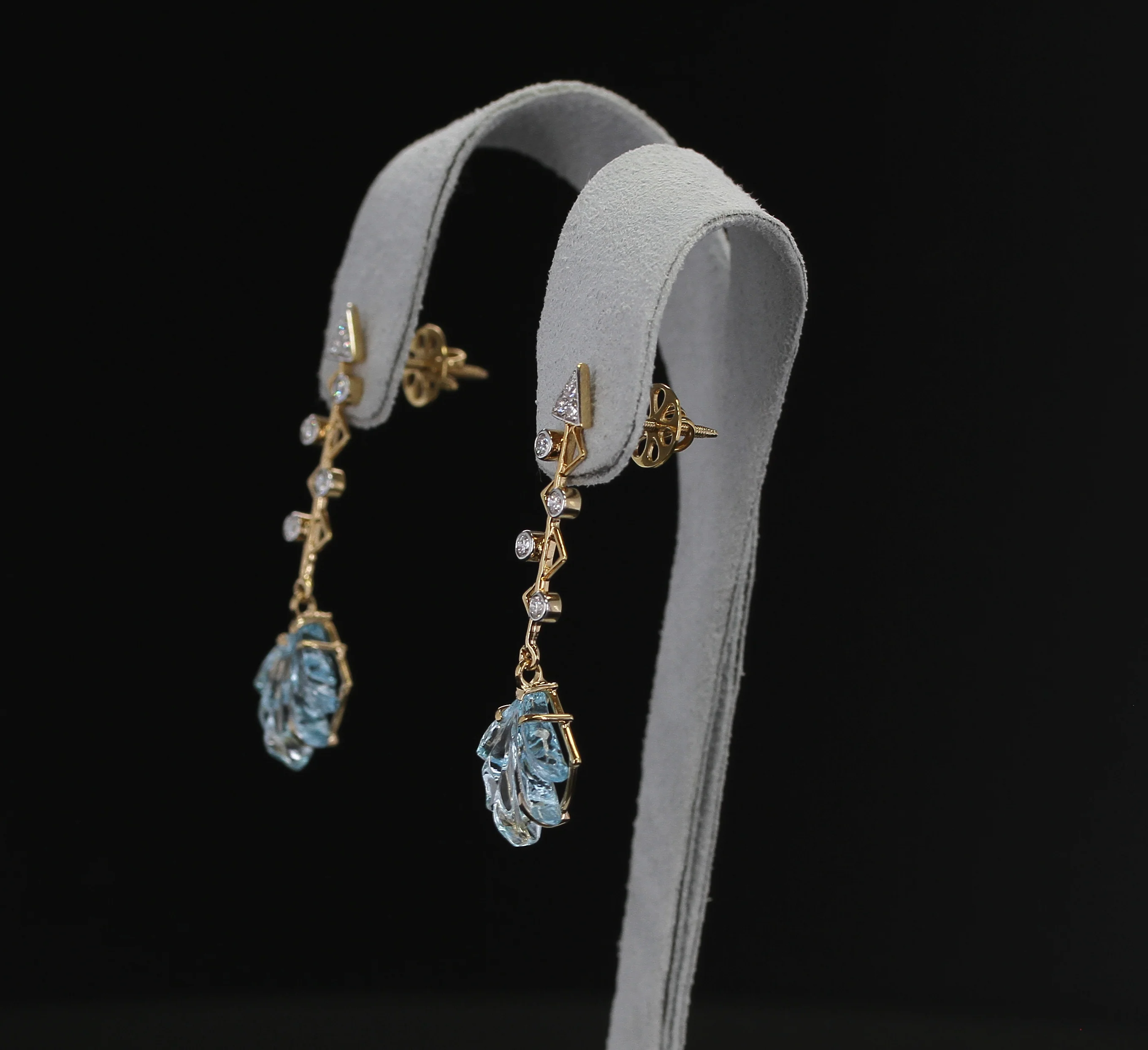 Cupid's Arrow Leaf Carved Blue Topaz Earrings with Diamonds, 14K Yellow Gold