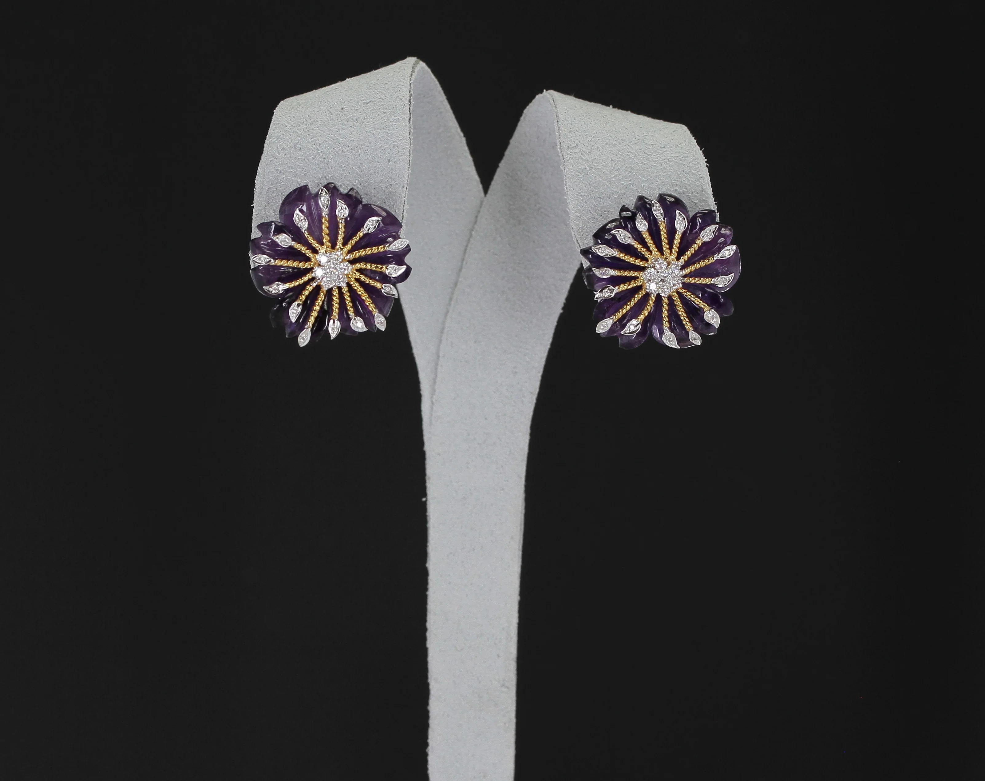 Carved Round Floral Amethyst Earrings with Diamonds