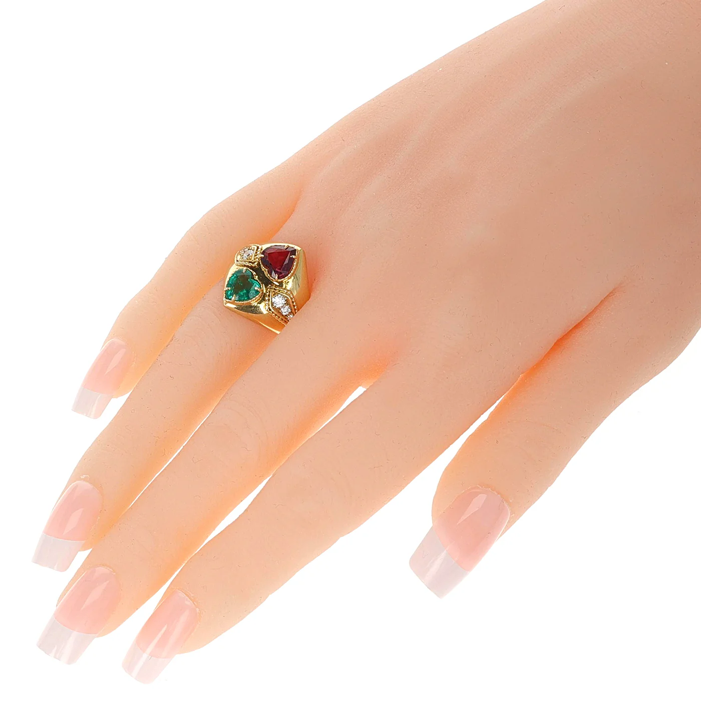Emerald and Ruby Heart Ring with Diamonds, 18k