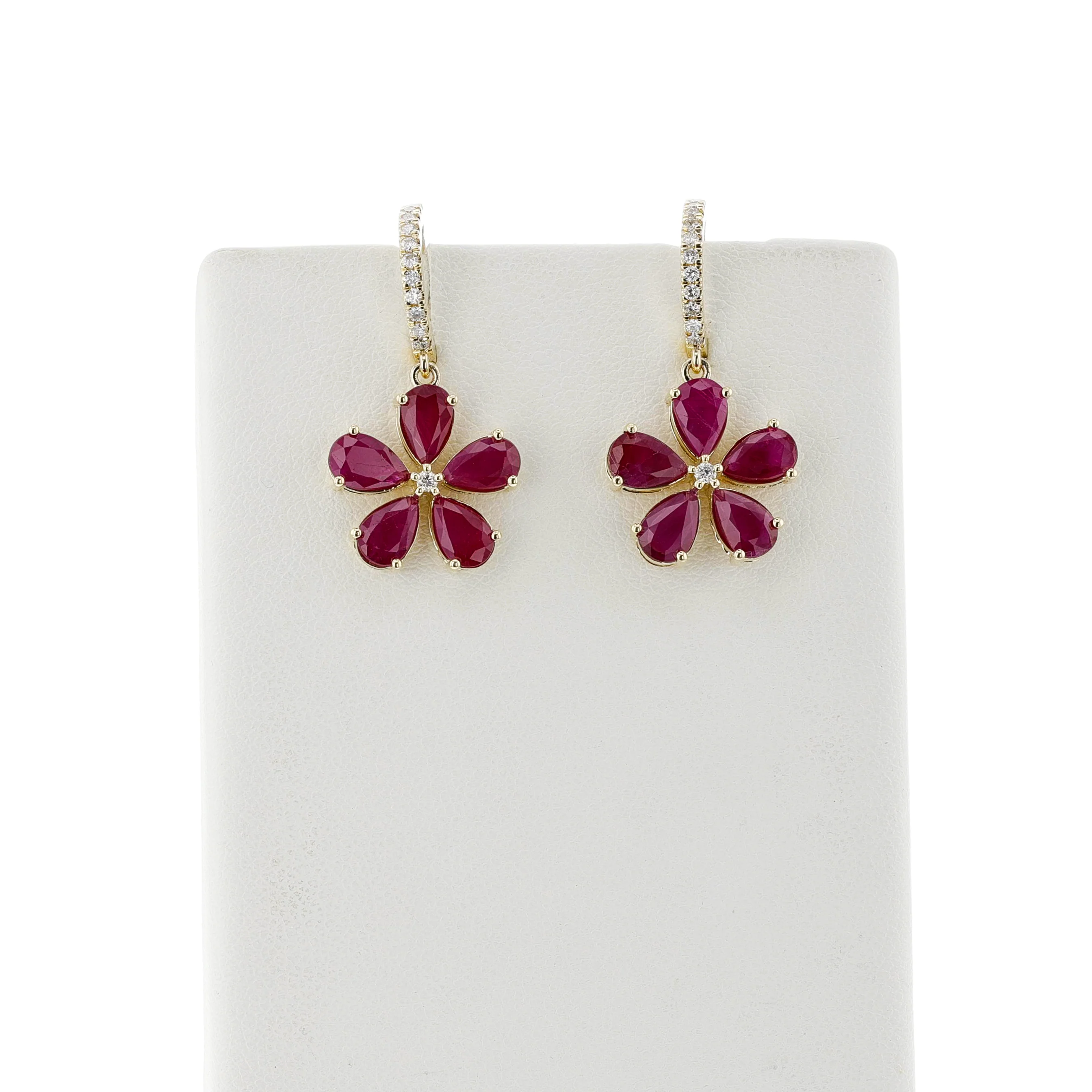 Floral Pear Ruby and Diamond Dangling Hoop Earrings, 14k Yellow Gold
