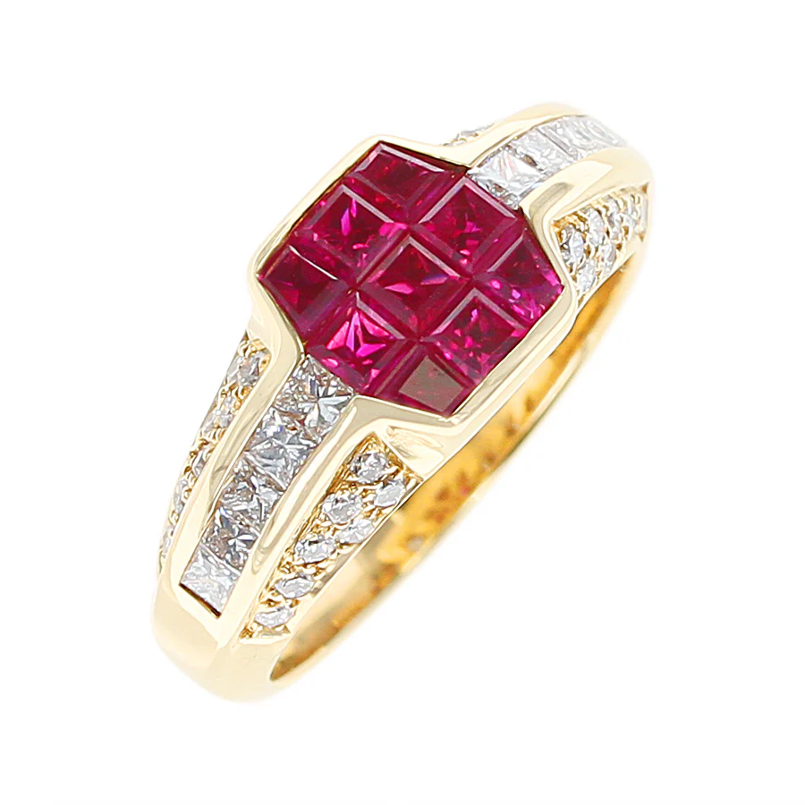 Octagonal Mystery Set Ruby and Diamond Ring, 18K Yellow Gold