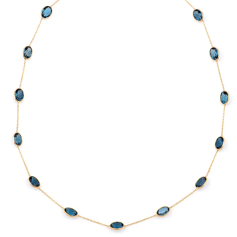 Oval Shape Blue Sapphire Necklace, 18 Karat Gold