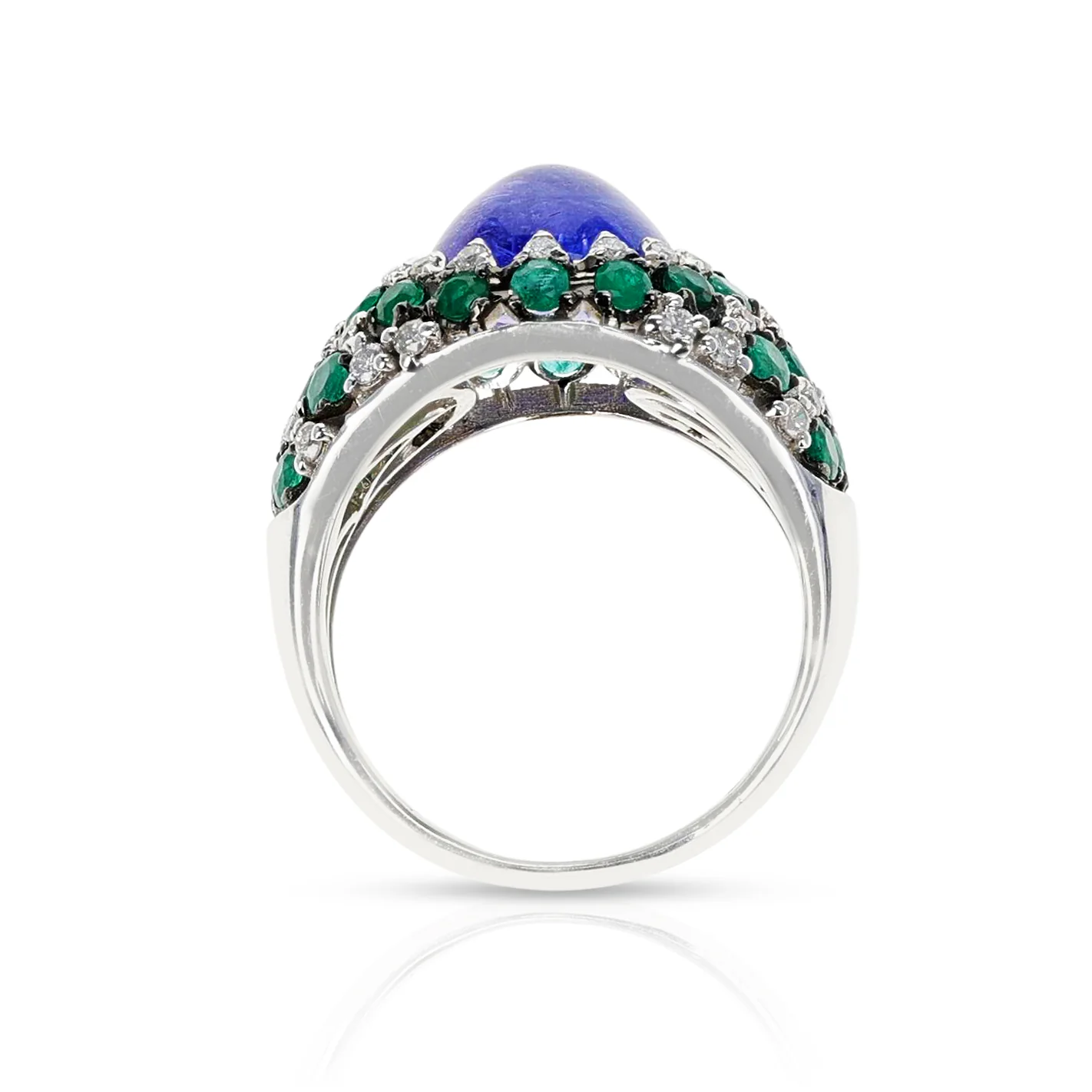 Tanzanite Cabochon Bombé Ring with Emerald, French Marks, 18K Gold