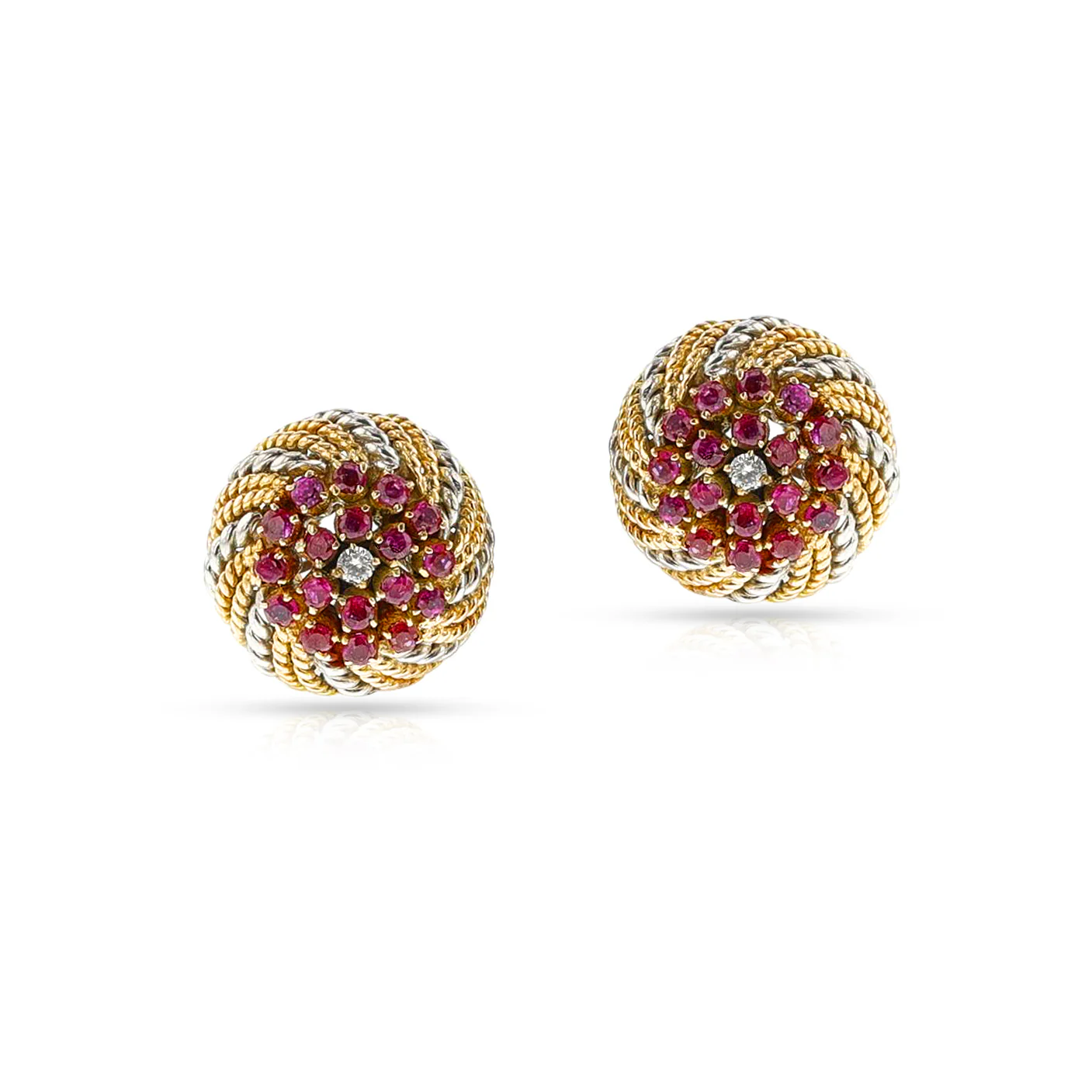 Rope-Work Yellow and White Gold Ruby and Diamond Earrings, 14k
