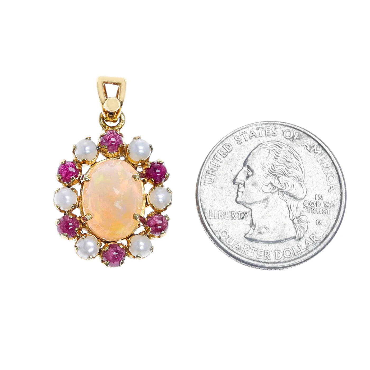 Opal Pendant with Ruby and Pearl, 14K Yellow Gold