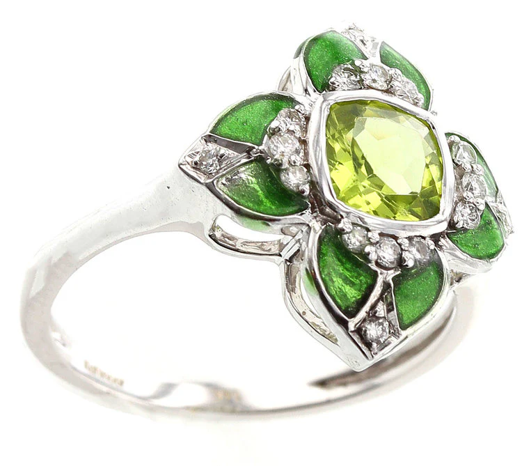 Floral Green Enamel Ring with Peridot and Diamonds