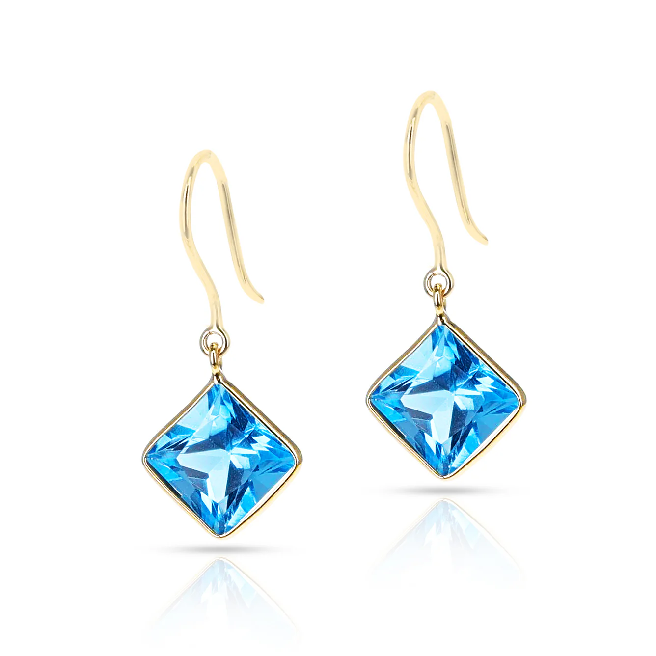Blue Topaz Cushion Dangling Earrings made in 18 Karat Yellow Gold.