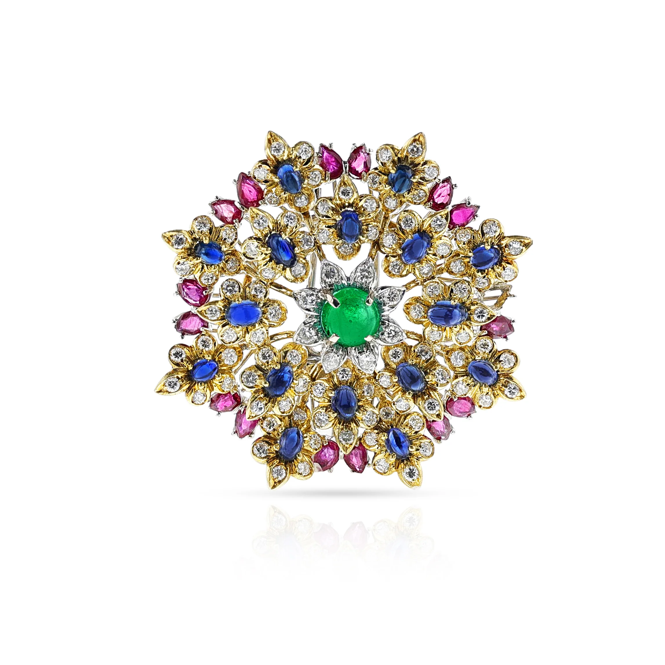 Emerald, Ruby, Sapphire and Diamond Brooch, 18k Gold and Platinum