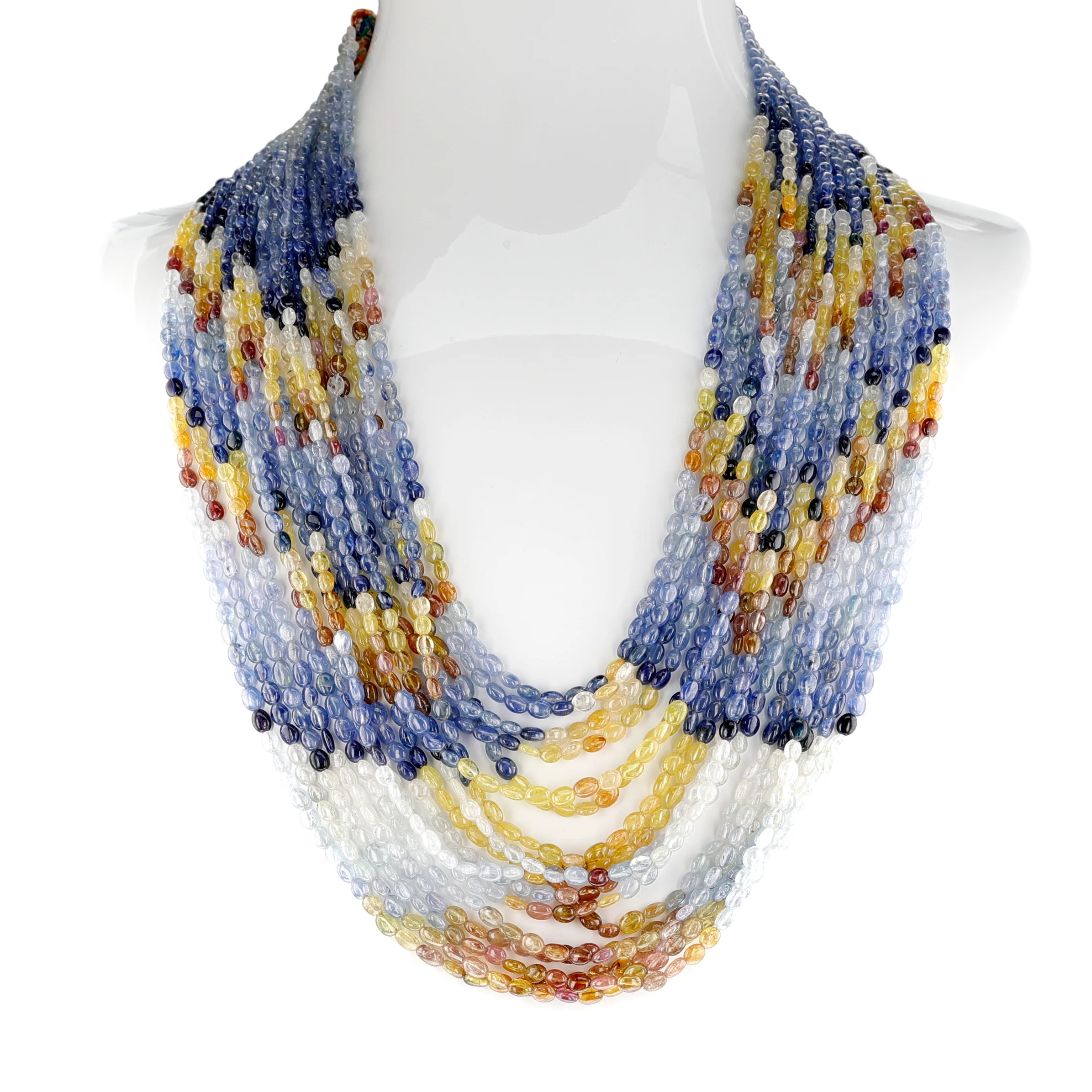 Natural Multi Shaded Yellow and Blue Sapphire Tumbled Beads Necklace