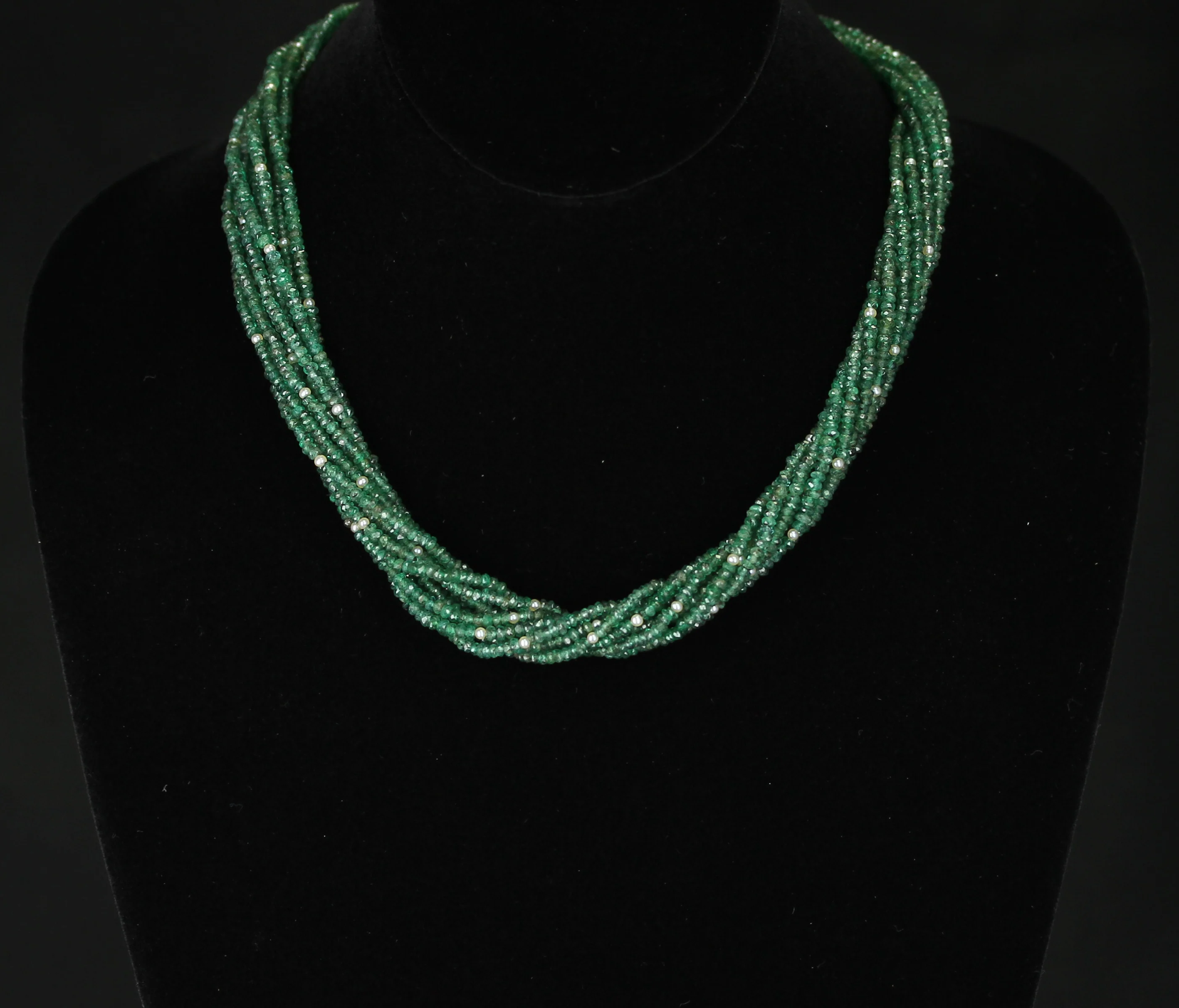 Genuine & Natural Faceted Emerald Beads with Pearls Choker Necklace, 18 Karat
