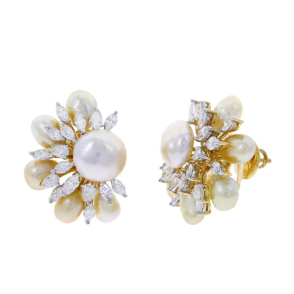 Semi-Circle Pearl and Diamond Earrings, 18K Yellow Gold