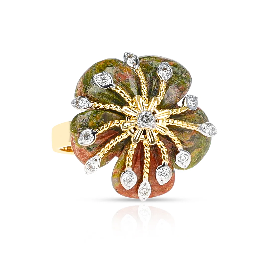 Unakite Carved Floral Ring with 14k Goldwork and Diamonds
