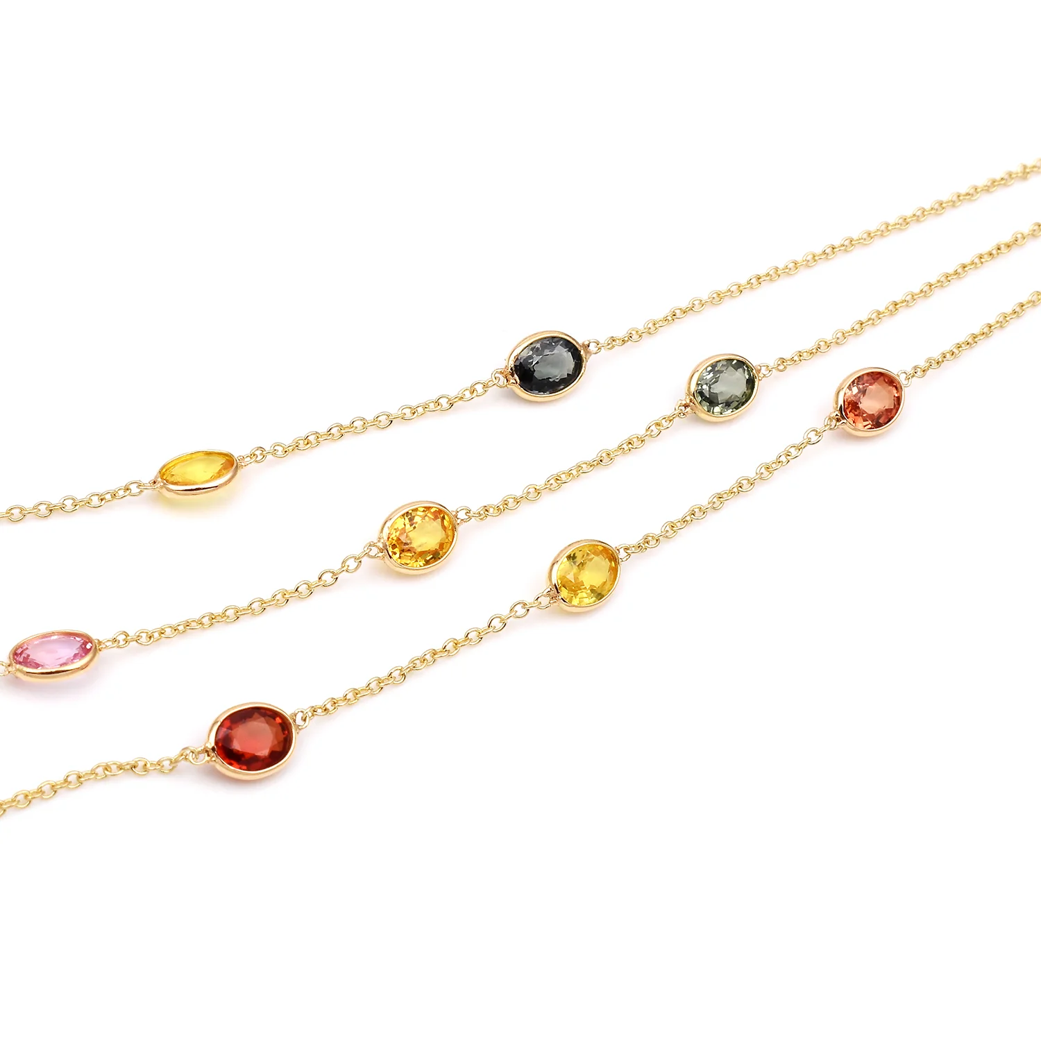 Oval Precious Gemstone Triple Layer Necklace, 18k