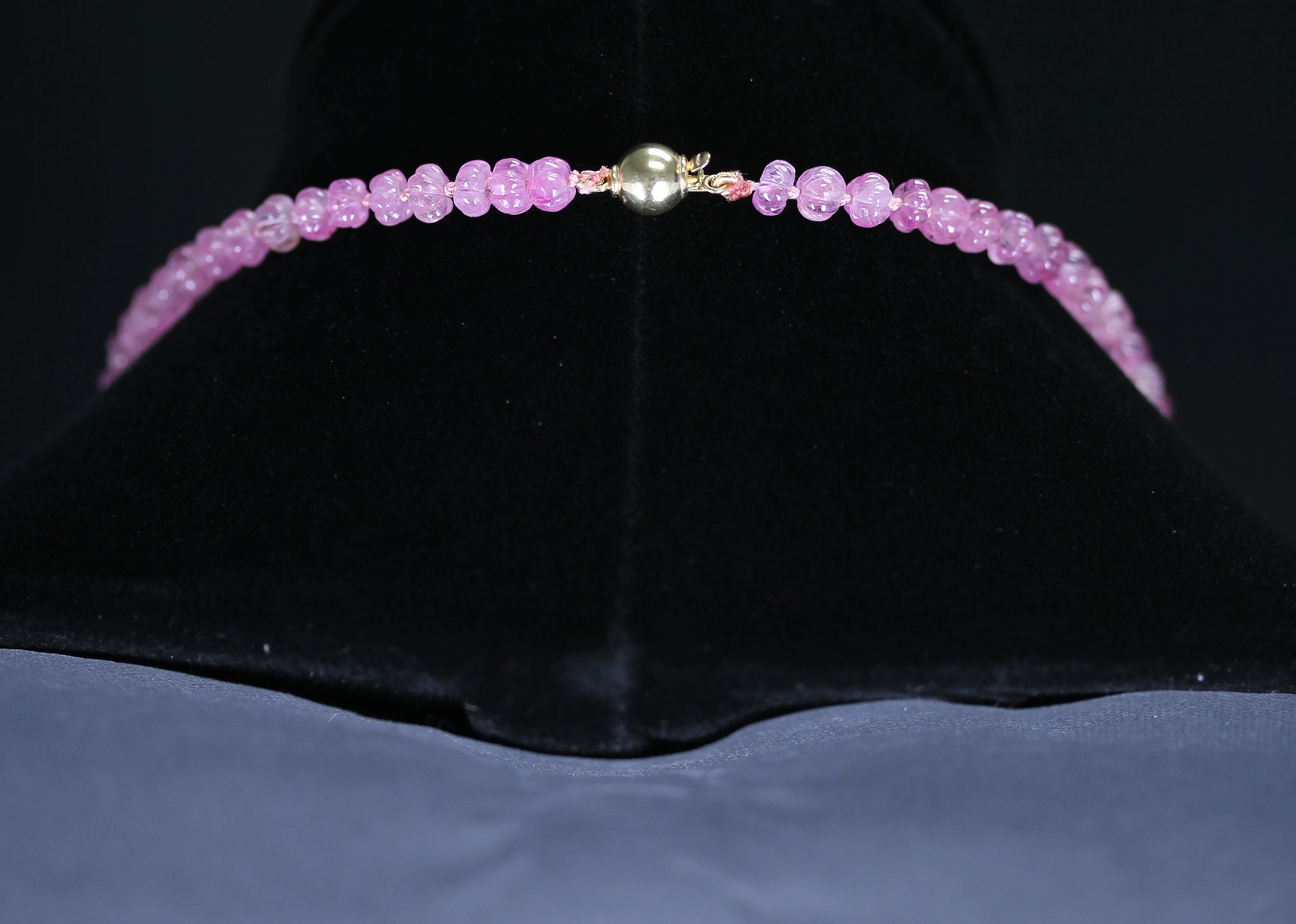 Heart-Shaped Sapphire Carving Necklace with Pink Sapphire Carved Beads, 14K