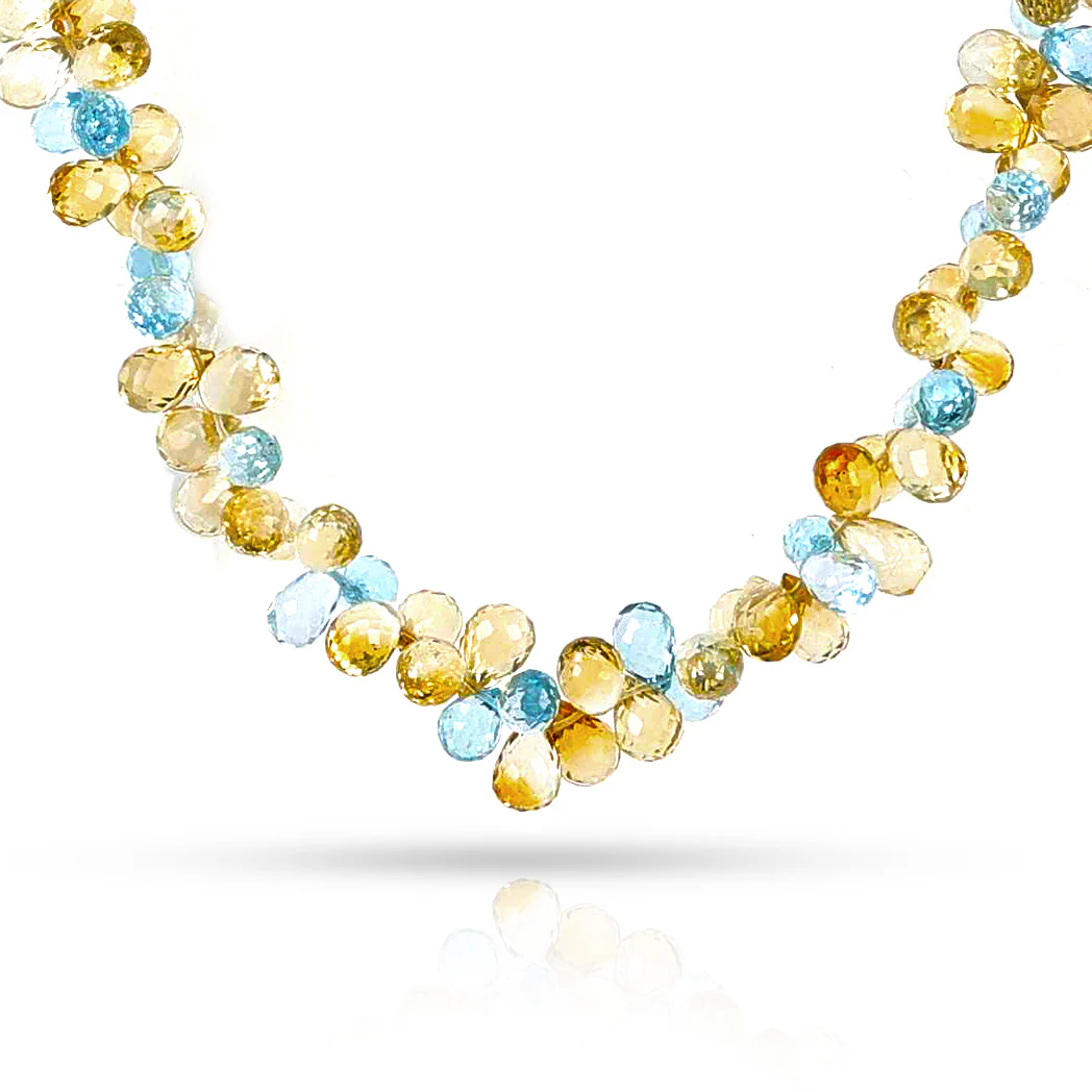 Citrine and Blue Topaz Briolette Beads Necklace, 14k