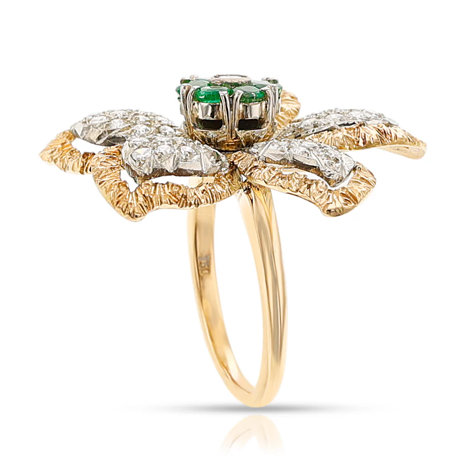 Floral Diamond and Emerald Earring, Ring, Pendant Set, 18k