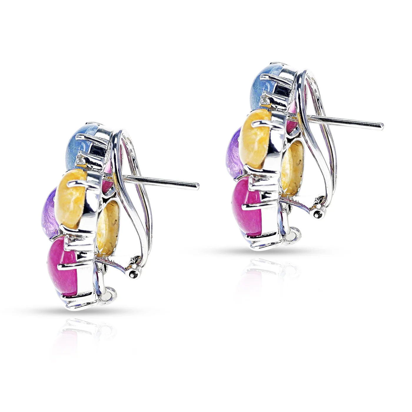 Mixed Shape Multi-Sapphire Cabochon and Diamond Cocktail Earrings, 18K White