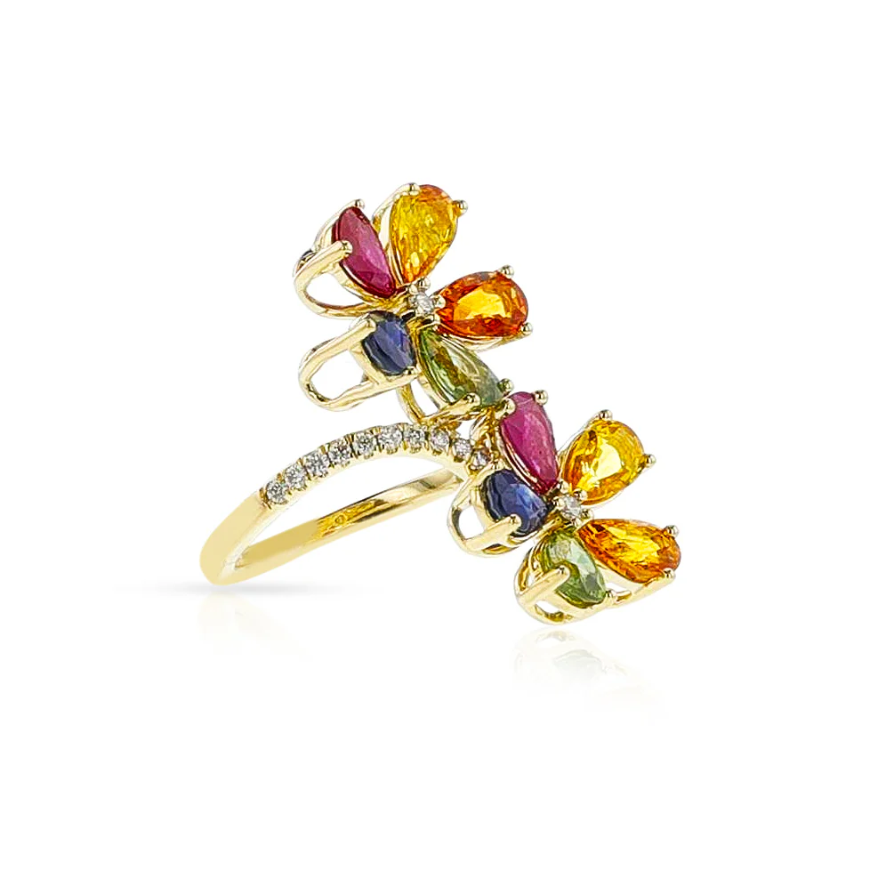 Multi-Sapphire and Diamond Double Floral Cocktail Ring, 14k
