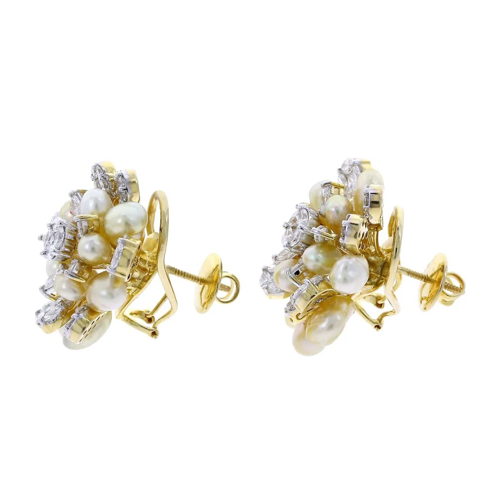 Cluster Pearl and Diamond Earrings, 18K Yellow Gold
