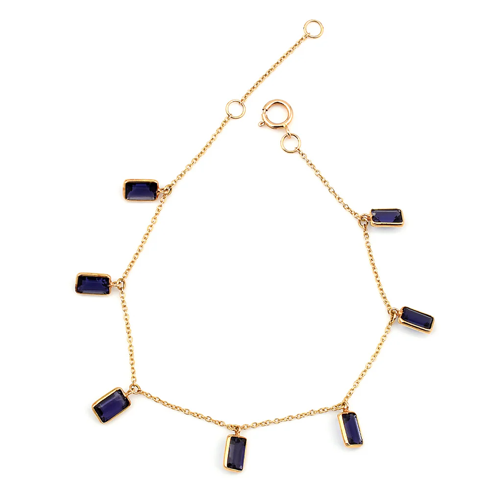 Violet Iolite Rectangular Dangling Stone Bezel-Set Bracelet, 18K Yellow Gold