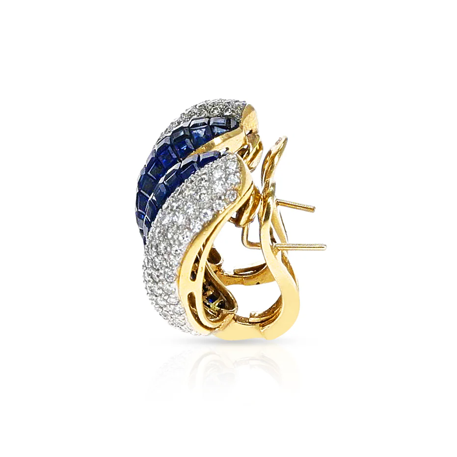 Invisibly Set Blue Sapphire and Diamond Duo Earrings, 18k