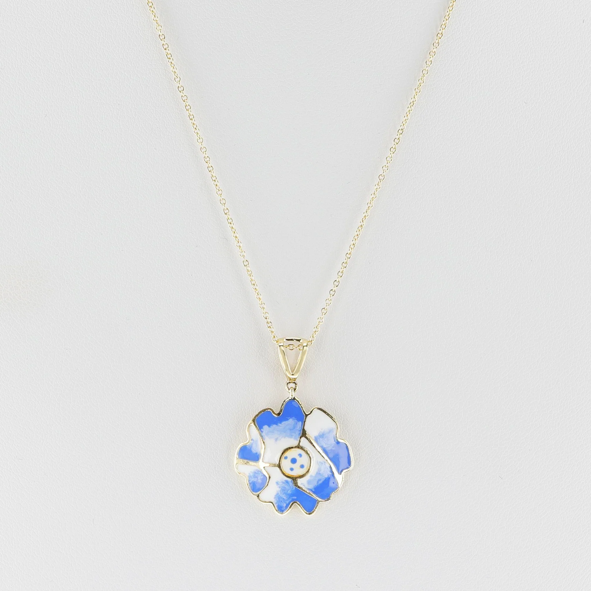 White and Blue Floral and Gold Lining Kintsugi Pendant Necklace, 14K