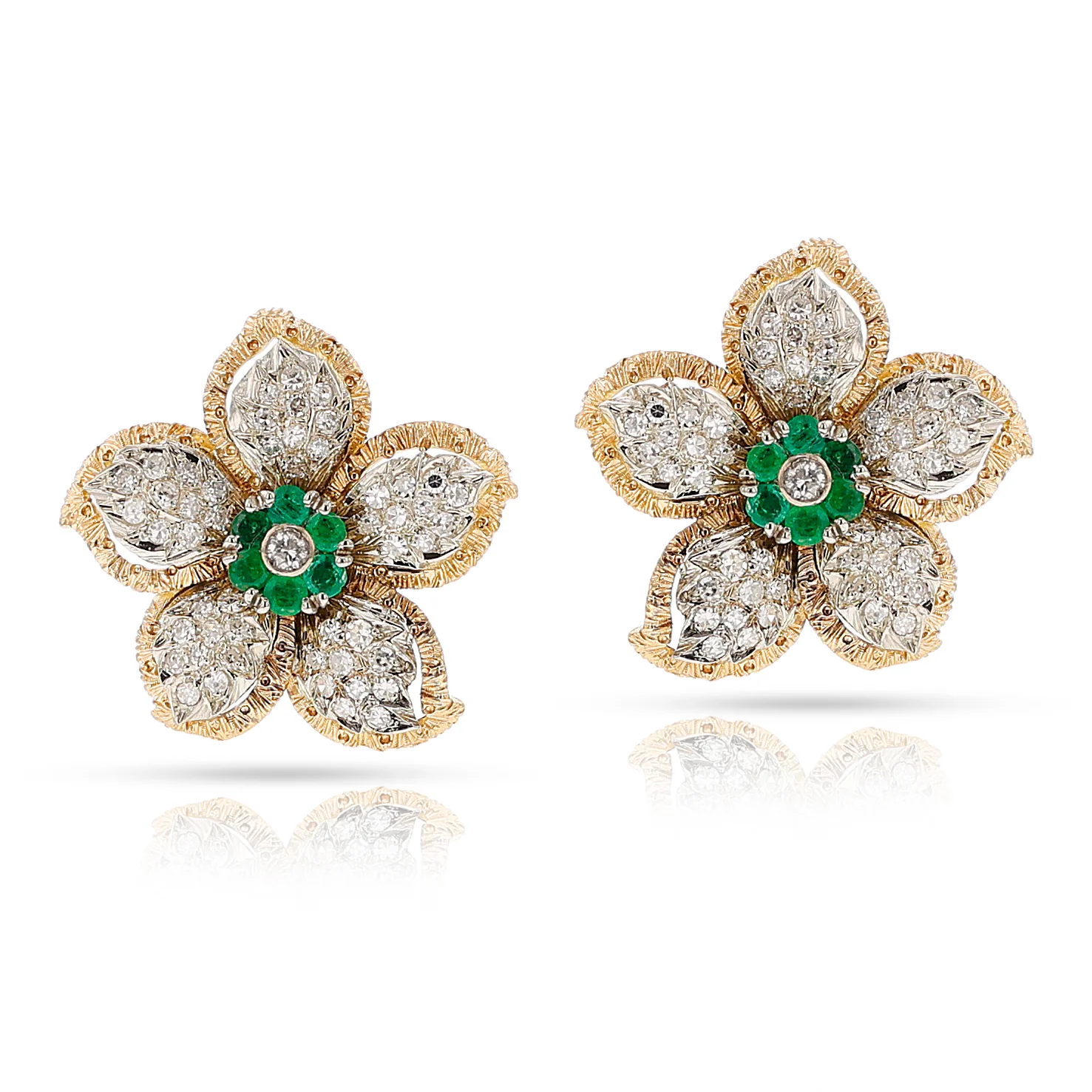 Floral Diamond and Emerald Earring, Ring, Pendant Set, 18k